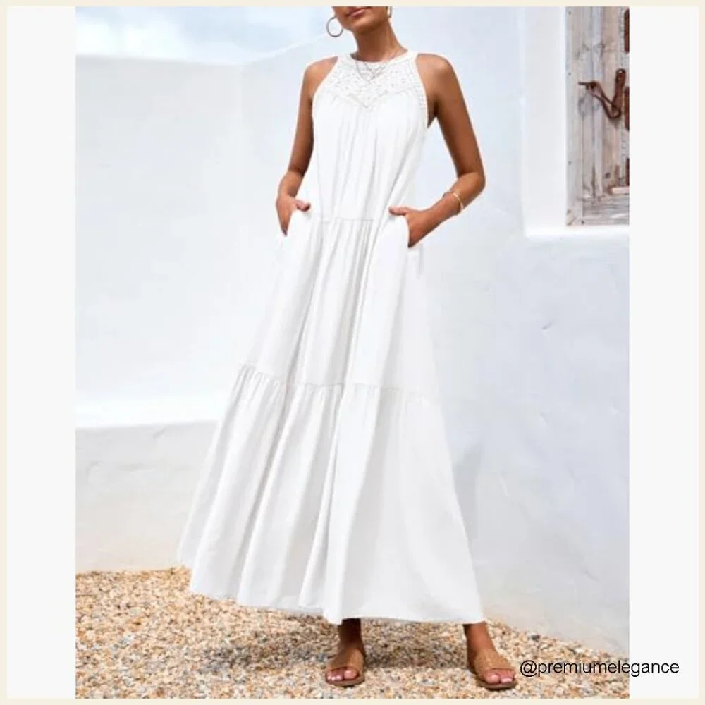 Halter Hollow Out Maxi Dress Sleeveless Boho Sundress Casual Beach Vacation - Picture 4 of 7